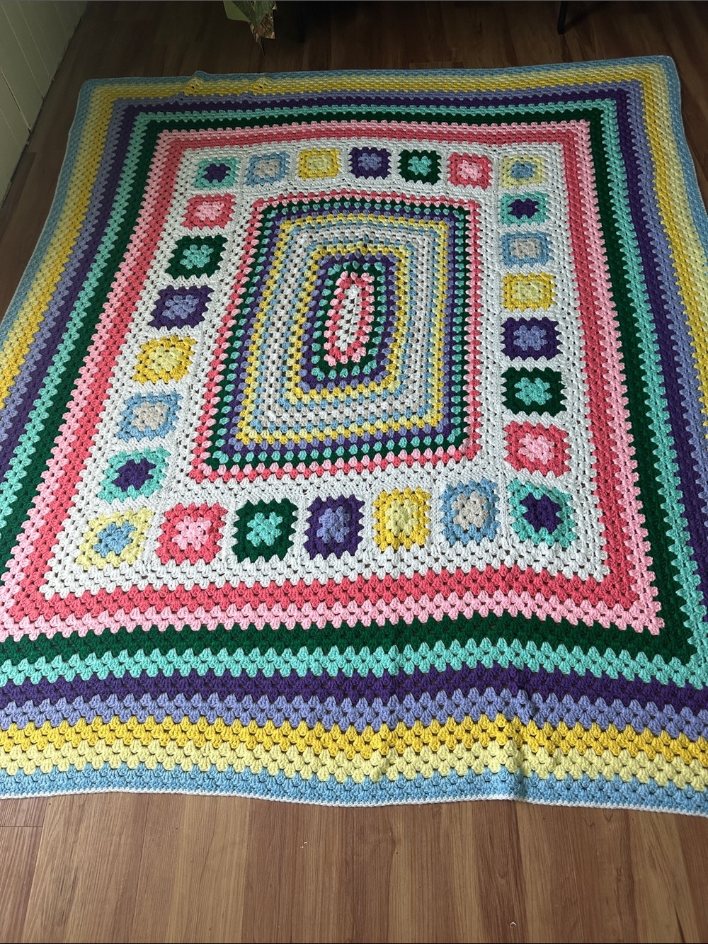 Queen Size Vintage Colorful Hand-Crocheted Granny Square Blanket - Pastel Multi